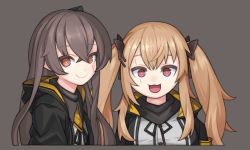 Rule 34 | 2girls, armband, black bow, black hoodie, black jacket, black scarf, bow, brown eyes, brown hair, buttons, commentary request, cropped torso, girls&#039; frontline, grey background, hair bow, hair ornament, hairclip, hood, hoodie, jacket, long hair, looking at viewer, multiple girls, open mouth, pink eyes, ran system, scar, scar across eye, scar on face, scarf, shirt, sidelocks, simple background, smile, twintails, ump45 (girls&#039; frontline), ump9 (girls&#039; frontline), upper body, white shirt, yellow neckwear