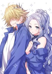 Rule 34 | 1boy, 1girl, belphegor (reborn), black shirt, blonde hair, blue jacket, commission, copyright request, covered collarbone, crop top, forehead, grey eyes, grey hair, grin, hair over eyes, highres, jacket, katekyo hitman reborn!, long hair, looking at viewer, navel, off shoulder, open clothes, open jacket, parted bangs, parted lips, pixiv commission, ponytail, sacraneco, shirt, simple background, sleeveless, sleeveless shirt, smile, sparkle, very long hair, white background