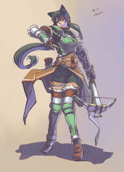 Rule 34 | 1girl, animal ears, armor, azusa (hws), belt, black hair, boots, bow (weapon), cat ears, crossbow, glasses, long hair, original, ponytail, pouch, simple background, solo, turtleneck, weapon