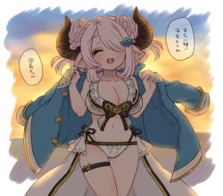 Rule 34 | 1girl, :d, alternate hairstyle, bikini, black ribbon, blush, braid, braided bun, breasts, cleavage, closed eyes, collarbone, cowboy shot, curled horns, draph, earrings, granblue fantasy, hair bun, hair ornament, hair over one eye, horns, jacket, jacket on shoulders, jewelry, large breasts, light purple hair, long hair, narmaya (granblue fantasy), narmaya (summer) (granblue fantasy), navel, open mouth, outdoors, outside border, pointy ears, ribbon, side-tie bikini bottom, sidelocks, skindentation, smile, solo, standing, suamachi, sunset, swimsuit, tagme, thighs, translated, unworn jacket, w arms, white bikini, |d