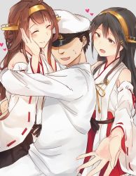 Rule 34 | 1boy, admiral (kancolle), ahoge, bare shoulders, black hair, black skirt, brown hair, closed eyes, commentary, covered eyes, detached sleeves, double bun, girl sandwich, grey background, hair bun, hair ornament, hairclip, haruna (kancolle), hat, headgear, heart, hug, jacket, kantai collection, kongou (kancolle), long hair, long sleeves, looking at another, military, military hat, military uniform, nontraditional miko, open mouth, red skirt, remodel (kantai collection), same-sex bathing, sandwiched, satsumi, shared bathing, simple background, skirt, smile, uniform, white jacket