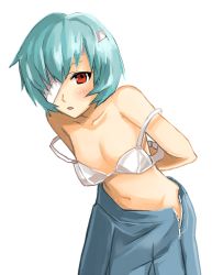 Rule 34 | 1girl, arms behind back, ayanami rei, bad id, bad pixiv id, bandages, bandage over one eye, blue hair, blush, bra, flat chest, isamu, leaning forward, lingerie, neon genesis evangelion, red eyes, short hair, solo, strap slip, underwear, undressing