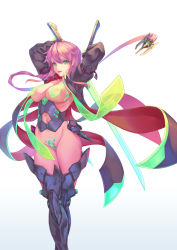 Rule 34 | 1girl, areola slip, arm belt, armor, arms up, bigrbear, black jacket, braid, breastplate, breasts, clothing cutout, collarbone, crossed legs, dual wielding, eyelashes, gradient background, green eyes, hair between eyes, hair ornament, highres, holding, holding sword, holding weapon, jacket, large breasts, long hair, long sleeves, looking at viewer, maebari, mecha musume, mechanical legs, navel, navel cutout, open clothes, open jacket, original, parted lips, pink hair, prehensile hair, revealing clothes, see-through, solo, standing, stomach, sword, transparent sword, transparent weapon, weapon, white background