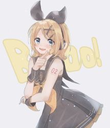 Rule 34 | akiyasu (user eepw8843), text background, bare shoulders, black bow, black dress, black wrist cuffs, blonde hair, blue eyes, blush, bow, bowtie, commentary, dress, finger to cheek, frilled dress, frills, hair bow, hair ornament, hairclip, highres, index finger raised, kagamine rin, leaning forward, looking at viewer, sailor collar, short hair, shoulder tattoo, signature, simple background, smile, solo, tattoo, treble clef, upper body, vocaloid, white background, wrist cuffs, yellow bow