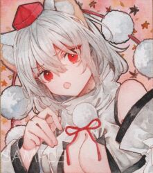 Rule 34 | 1girl, animal ears, detached sleeves, grey hair, hat, inubashiri momiji, leaf, maple leaf, monji (monzi328), open mouth, pom pom (clothes), red eyes, short hair, solo, tail, tokin hat, touhou, traditional media, upper body, white hair, wolf ears, wolf girl, wolf tail