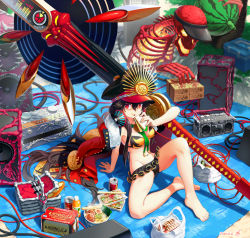 Rule 34 | 1girl, amplifier, barefoot, bikini, black bikini, bottle, bowl, breasts, cable, can, chopsticks, coat, crest, drink can, eating, family crest, fate/grand order, fate (series), food, fruit, guitar, hat, headphones, headphones around neck, highres, instrument, jacket, jacket on shoulders, knee up, legs, long hair, long sleeves, looking at viewer, medium breasts, microskirt, military hat, navel, noodles, oda nobunaga (fate), oda nobunaga (koha-ace), oda nobunaga (swimsuit berserker) (fate), oda nobunaga (swimsuit berserker) (second ascension) (fate), oda uri, oversized object, peaked cap, pi (p77777778), picnic basket, ramen, red coat, sandwich, sitting, skeleton, skirt, soda can, stereo, swimsuit, visor cap, watermelon