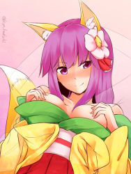 Rule 34 | 1girl, animal ears, bare shoulders, blush, breasts, breasts out, covering privates, covering breasts, flower, fox ears, fox tail, hair flower, hair ornament, hazuki kyou, hieda no akyuu, japanese clothes, kemonomimi mode, medium breasts, purple eyes, purple hair, short hair, smile, solo, tail, touhou, twitter username