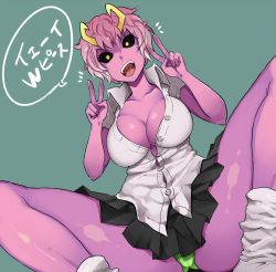 Rule 34 | 10s, 1girl, ashido mina, black sclera, boku no hero academia, breasts, cleavage, colored sclera, colored skin, double v, horns, large breasts, looking at viewer, nac000, open mouth, pink hair, pink skin, pleated skirt, shirt, short hair, simple background, skirt, smile, socks, solo, unbuttoned, unbuttoned shirt, v, white shirt, yellow eyes