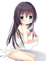 Rule 34 | 1girl, :o, bed sheet, black hair, blue eyes, blush, commentary request, from side, hair between eyes, hair dryer, highres, hisagi (puchimaple), holding, jitome, long hair, looking at viewer, looking to the side, naked towel, original, parted lips, simple background, sitting, solo, towel, unplugged, very long hair, wet, wet hair, white background, white towel