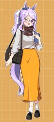 Rule 34 | 1girl, akane (akane112234), alternate costume, alternate hairstyle, animal ears, bag, bespectacled, blush, book, casual, commentary request, full body, glasses, highres, horse girl, long hair, looking at viewer, mejiro mcqueen (umamusume), open mouth, purple eyes, purple hair, simple background, solo, standing, umamusume, yellow background