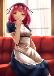 Rule 34 | 1girl, apron, come hither, couch, curtains, finger in own mouth, half-closed eyes, headdress, highres, indoors, kirimori toya, legs together, looking at viewer, maid, original, pink hair, puffy short sleeves, puffy sleeves, red eyes, short hair, short sleeves, sitting, solo, window
