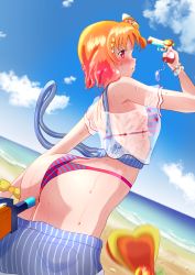 Rule 34 | 1girl, a chika-tastic summer (love live!), absurdres, alternate hairstyle, antenna hair, artist name, artist request, bare shoulders, beach, bikini, bikini under clothes, blue pants, blue shorts, blue sky, blush, bow, bracelet, braid, breasts, cleavage, clothes writing, cloud, collarbone, day, earrings, embarrassed, female focus, food-themed hair ornament, from behind, hair bow, hair ornament, hairclip, halterneck, heart (symbol), highres, holding, holding water gun, jewelry, looking at viewer, looking back, love live!, love live! school idol festival, love live! school idol festival all stars, love live! sunshine!!, medium breasts, medium hair, ocean, off-shoulder shirt, off shoulder, open fly, orange bow, orange hair, orange hair ornament, outdoors, pants, parted bangs, parted lips, pearl bracelet, pink bikini, polka dot, polka dot bow, ponytail, red eyes, ribbon, see-through, see-through shirt, see-through sleeves, shirt, short hair, short sleeves, shorts, side braid, side ponytail, sideboob, single braid, sky, smile, solo, strap slip, striped bikini, striped bow, striped clothes, striped pants, striped shorts, striped tank top, suspenders, suspenders hanging, swimsuit, takami chika, tank top, triangle hair ornament, two-tone bikini, unworn pants, vertical-striped clothes, vertical-striped shorts, water gun, wet, wet clothes, wrist bow, yellow bow, yellow ribbon