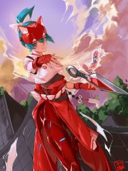 Rule 34 | 1girl, architecture, blue sky, bow, cloud, cowboy shot, east asian architecture, facial mark, fingerless gloves, fox mask, gloves, green eyes, green hair, hair bow, hakama, half mask, highres, japanese clothes, kimono, kiriko (overwatch), kunai, kyeongsu lee, mask, ninja, ofuda, outdoors, outstretched hand, overwatch, overwatch 2, red gloves, rooftop, rope belt, signature, sky, smile, solo, standing on roof, throwing, tree, weapon, white kimono