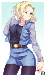 Rule 34 | 1girl, absurdres, android 18, belt, black pantyhose, blonde hair, blue eyes, blue skirt, collarbone, contrapposto, dated, denim, denim jacket, denim skirt, dragon ball, dragonball z, earrings, hand in own hair, highres, holding, jacket, jewelry, long sleeves, looking to the side, pantyhose, short hair, skirt, solo, standing, vest, zeshgolden