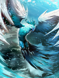 Rule 34 | animal focus, bird, blizzard, feathered wings, genzoman, glowing, glowing eyes, ice, no humans, phoenix, signature, solforge, talons, wings
