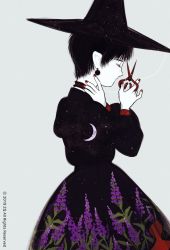 Rule 34 | 1girl, black dress, black hair, black hat, blue flower, closed eyes, crescent moon, dress, earrings, flower, grey background, hat, jewelry, long sleeves, moon, nail polish, original, print dress, profile, red nails, short hair, simple background, solo, toktin zq, witch hat