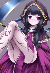 Rule 34 | 1girl, bare legs, black hair, blunt bangs, cloak, collarbone, commentary request, crossed legs, death alma, emil chronicle online, grey background, highres, hood, hood up, hooded cloak, jitome, leg tattoo, long hair, looking at viewer, pale skin, parted lips, pink cloak, red eyes, scythe, shimo (depthbomb), sidelocks, simple background, smile, solo, tattoo, thighs