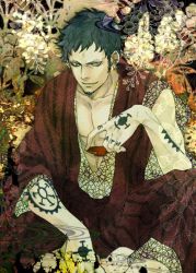 Rule 34 | 1boy, artist request, blue hair, earrings, flower, goatee, japanese clothes, looking at viewer, male focus, one piece, open clothes, open shirt, shippou (pattern), shirt, solo, source request, tattoo, trafalgar law, yellow eyes