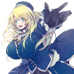 Rule 34 | 10s, 1girl, aqua eyes, atago (kancolle), beret, black gloves, blonde hair, blush, breasts, eyes visible through hair, gloves, green eyes, hair between eyes, hat, huge breasts, impossible clothes, kantai collection, long hair, looking at viewer, military, military uniform, open mouth, reaching, reaching towards viewer, sakita (ookawarii), smile, solo, uniform, upper body