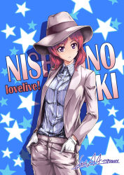 Rule 34 | 10s, 1girl, artist name, breasts, buttons, character name, collared shirt, colored stripes, copyright name, dress shirt, fish.boy, formal, gloves, grey hat, grey jacket, grey pants, hands in pockets, hat, head tilt, jacket, long sleeves, looking at viewer, love live!, love live! school idol project, medium breasts, nishikino maki, open clothes, open jacket, pants, purple eyes, red hair, shirt, shirt tucked in, short hair, signature, solo, standing, star (symbol), starry background, striped clothes, striped shirt, suit, vertical-striped clothes, vertical-striped shirt, white gloves, wing collar