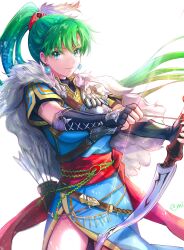 Rule 34 | 1girl, armor, arrow (projectile), bow (weapon), breastplate, closed mouth, earrings, fire emblem, fire emblem: the blazing blade, fire emblem heroes, green eyes, green hair, highres, holding, holding arrow, holding bow (weapon), holding weapon, jewelry, long hair, looking at viewer, lyn (fire emblem), lyn (lady of the wind) (fire emblem), mintes, nintendo, official alternate costume, quiver, solo, weapon