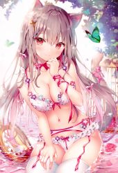 Rule 34 | 1girl, absurdres, animal ears, blush, bra, breasts, brown hair, bug, butterfly, cat ears, cat tail, cleavage, clock, collarbone, commentary request, garter straps, hair between eyes, hair ribbon, highres, insect, kino (kino konomi), long hair, looking at viewer, medium breasts, navel, original, panties, partially submerged, red eyes, ribbon, sidelocks, smile, solo, stomach, tail, thighhighs, underwear, wet, white bra, white panties, white thighhighs