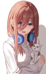 Rule 34 | 1girl, absurdres, animal, blue eyes, blush, brown hair, cat, commentary request, go-toubun no hanayome, hair between eyes, headphones, headphones around neck, highres, holding, holding animal, holding cat, long hair, looking at viewer, nakano miku, open mouth, raikun raikun, simple background, solo, white background