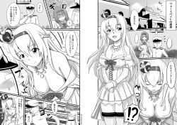 Rule 34 | !?, 1boy, 2girls, admiral (kancolle), ark royal (kancolle), braid, breasts, cleavage, comic, commentary request, cowboy shot, crown, dress, emphasis lines, french braid, greyscale, hhh (wave), jewelry, kantai collection, military, military uniform, mini crown, monochrome, multiple girls, naval uniform, necklace, running, thighhighs, translated, transparent background, uniform, warspite (kancolle)