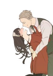 Rule 34 | 1boy, 1girl, bent over, black hair, black pantyhose, blonde hair, blue eyes, blush, closed eyes, closed mouth, collared shirt, dress, drunk, earrings, green pants, green vest, hairband, highres, hug, husband and wife, jewelry, lipstick mark, long hair, long sleeves, looking at another, necktie, off-shoulder dress, off shoulder, open mouth, pants, pantyhose, red dress, red necktie, shirt, sidelocks, simple background, spy x family, sweater, sweater dress, tarutaruso3, twilight (spy x family), vest, white background, white hairband, white shirt, wing collar, yor briar