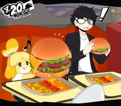 Rule 34 | !, 1boy, 1girl, amamiya ren, animal crossing, animal ears, artist name, bell, black-framed eyewear, black eyes, black hair, black jacket, blonde hair, blue skirt, blush stickers, burger, chair, cheese, closed mouth, dog ears, dog girl, dog tail, food, furry, glasses, hair bell, hair ornament, hair tie, hands up, happy, highres, holding, indoors, isabelle (animal crossing), jacket, jingle bell, jinu (jinusenpai), lettuce, licking lips, long sleeves, looking at another, looking to the side, meat, miniskirt, musical note, nintendo, open mouth, outstretched arms, pencil skirt, persona, persona 5, shirt, short hair, short sleeves, sitting, skirt, smile, steam, super smash bros., surprised, sweat, table, tail, teeth, tomato, tongue, tongue out, topknot, twitter username, white shirt