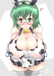 Rule 34 | 1girl, animal ears, animal print, bell, blush, breasts, cleavage, covered erect nipples, cow ears, cow girl, cow print, cowbell, glasses, green eyes, green hair, highres, huge breasts, infinite stratos, looking at viewer, neck bell, puffy nipples, signature, simple background, solo, thighhighs, thighs, tokiziku, white thighhighs, yamada maya (infinite stratos)