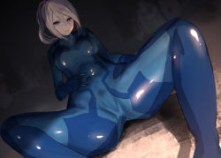 Rule 34 | 1girl, absurdres, arm support, blonde hair, blue eyes, bodysuit, breasts, cameltoe, female pubic hair, foreshortening, hair between eyes, hand on own stomach, highres, knees up, lying, metroid, misaki nonaka, nintendo, on back, ponytail, pubic hair, samus aran, see-through, shiny clothes, sitting, skin tight, solo, spread legs, zero suit