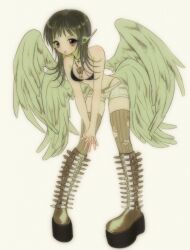 Rule 34 | 1girl, black hair, blush, boots, brown background, brown eyes, brown footwear, brown thighhighs, butterfly necklace, commentary, cross, cross necklace, goyang v, green lips, green panties, green wings, highres, interlocked fingers, jewelry, knee boots, looking at viewer, medium hair, multiple wings, necklace, original, panties, platform boots, platform footwear, short shorts, shorts, simple background, solo, symbol-only commentary, thighhighs, torn clothes, torn thighhighs, underwear, wings