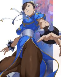 Rule 34 | 1girl, absurdres, blue dress, boots, bracelet, breasts, brown eyes, brown hair, brown pantyhose, bun cover, capcom, china dress, chinese clothes, chun-li, double bun, dress, earrings, hair bun, highres, jewelry, medium breasts, outdoors, pantyhose, pelvic curtain, pretty-purin720, puffy short sleeves, puffy sleeves, sash, short sleeves, side slit, solo, spiked bracelet, spikes, street fighter, street fighter ii (series), thighs, white footwear