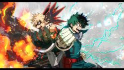 Rule 34 | 2boys, bakugou katsuki, blonde hair, boku no hero academia, clenched hand, electricity, explosion, fire, freckles, gloves, green eyes, green gloves, green hair, highres, lens flare, letterboxed, male focus, mask, unworn mask, masked, midoriya izuku, mkm (mkm storage), multiple boys, open mouth, red eyes, shouting, signature, spiked hair, teeth, white gloves