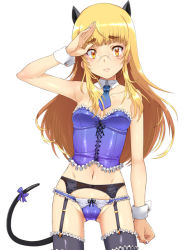 Rule 34 | 1girl, animal ears, blonde hair, blue panties, breasts, bustier, cameltoe, caryo, cat ears, cat tail, covered clitoris, detached collar, garter belt, garter straps, glasses, long hair, looking at viewer, nail polish, navel, necktie, panties, perrine h. clostermann, ribbon, salute, short necktie, small breasts, solo, strike witches, tabigarasu, tail, tail ornament, tail ribbon, thighhighs, underwear, world witches series, wrist cuffs, yellow eyes