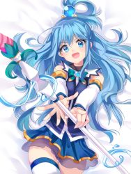 Rule 34 | 1girl, :d, absurdres, aqua (konosuba), bare shoulders, blue eyes, blue hair, breasts, commentary, detached sleeves, english commentary, hair between eyes, hair ornament, hair rings, highres, holding, holding staff, kono subarashii sekai ni shukufuku wo!, long hair, looking at viewer, open mouth, skirt, smile, solo, staff, thighhighs, v-shaped eyebrows, very long hair, water, white thighhighs, yaya chan