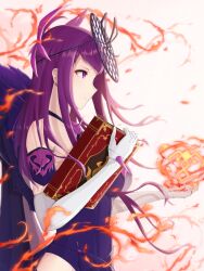 Rule 34 | 1girl, bare shoulders, book, detached sleeves, dress, earrings, elbow gloves, fascinator, female focus, fire emblem, fire emblem engage, gloves, hair ornament, highres, holding, holding book, ivy (fire emblem), jewelry, long hair, looking to the side, matching hair/eyes, nintendo, purple eyes, purple hair, shi-on, simple background, solo, upper body, white background, white gloves