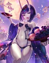 Rule 34 | 1girl, :d, backlighting, bad id, bad pixiv id, bare shoulders, blunt bangs, bob cut, bowl, breasts, cherry blossoms, collarbone, colored skin, cowboy shot, cup, eyeshadow, falling petals, fangs, fate/grand order, fate (series), fingernails, food, fruit, full moon, gem, glint, gluteal fold, goqgoq, grapes, groin, half-closed eyes, head tilt, headpiece, highres, holding, holding bowl, horns, japanese clothes, kimono, leg up, light rays, long sleeves, looking at viewer, makeup, moon, navel, off shoulder, oni, open clothes, open kimono, open mouth, outdoors, peach, petals, print kimono, purple eyes, purple hair, purple kimono, purple sky, revealing clothes, sakazuki, short eyebrows, short hair, shuten douji (fate), shuten douji (first ascension) (fate), signature, skin-covered horns, sky, small breasts, smile, solo, standing, stomach, thigh gap, tree, turtleneck, white skin, yellow moon
