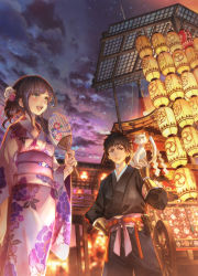 Rule 34 | 1boy, 1girl, architecture, bell, black eyes, blush, brown hair, cat, east asian architecture, floral print, flower, hair flower, hair ornament, hand fan, hand on own hip, highres, holding, holding fan, huge filesize, japanese clothes, jingle bell, kimono, lantern, medium hair, night, night sky, open mouth, outdoors, paper fan, paper lantern, shoichi (ekakijin), sky, smile, standing, wagon, walkie-talkie, white cat
