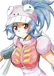 Rule 34 | 10s, 1girl, female focus, garada k7, gloves, hat, long hair, looking at viewer, ponytail, purple hair, red eyes, robot girls z, simple background, smile, solo, traditional media