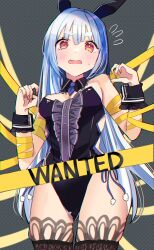 Rule 34 | 1girl, alternate hairstyle, animal ears, atto silia, bare shoulders, black leotard, black thighhighs, blue hair, blush, breasts, caution tape, chromatic aberration, cleavage, commentary, cowboy shot, curled fingers, detached collar, embarrassed, eyelashes, flying sweatdrops, from below, grey background, hands up, highleg, highleg leotard, highres, hikimayu, hololive, lace, lace-trimmed thighhighs, leotard, long hair, looking at viewer, looking down, multicolored hair, necktie, open mouth, playboy bunny, purple necktie, rabbit ears, red eyes, short eyebrows, small breasts, solo, sweatdrop, symbol-shaped pupils, thick eyebrows, thigh gap, thighhighs, two-tone hair, usada pekora, usada pekora (furi furi bunny dress), very long hair, virtual youtuber, wavy mouth, white hair, wrapped up, wrist cuffs