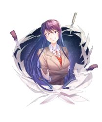 Rule 34 | 1girl, :d, absurdres, commentary, constricted pupils, crazy eyes, doki doki literature club, english commentary, grin, hair between eyes, hair ornament, hairclip, highres, long hair, looking at viewer, miwerjooggetser, open mouth, paper, purple eyes, purple hair, school uniform, self hug, simple background, smile, solo, tears, teeth, transparent background, white background, yuri (doki doki literature club)