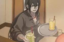Rule 34 | 1boy, :d, black hair, commentary request, cup, drinking glass, fate/grand order, fate (series), fingernails, green eyes, grey jacket, hair between eyes, holding, jacket, jewelry, long hair, looking at viewer, male focus, mi (pic52pic), necklace, open mouth, smile, solo, tattoo, tray, very long hair, yan qing (fate)