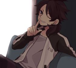 Rule 34 | 10s, 1boy, brown hair, fudou akio, grin, inazuma eleven (series), inazuma eleven go, inazuma eleven go galaxy, jacket, long hair, looking at viewer, male focus, one eye closed, open clothes, open jacket, saku anna, sitting, smile, solo