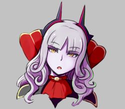 Rule 34 | 1girl, :o, ascot, blunt bangs, carmilla (fate), colored skin, commentary request, cropped torso, curly hair, fate/grand order, fate (series), grey background, head tilt, high collar, horns, long hair, looking at viewer, nav (itsnav), parted lips, portrait, purple hair, purple skin, red ascot, simple background, slit pupils, solo, upper body, yellow eyes