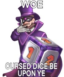 Rule 34 | 1boy, beard, block (object), brown hair, cape, commentary, dice, enya infinity, eye mask, facial hair, hat, high collar, highres, jacket, male focus, mario (series), mario party, meme, nintendo, original, purple cape, purple hat, purple jacket, simple background, smile, solo, sophist (youtuber), top hat, upper body, white background, woe plague be upon ye