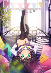 Rule 34 | 1girl, aqua eyes, black hair, black thighhighs, blue skirt, blush, commentary request, dressing, highres, indoors, long hair, long sleeves, looking at viewer, lying, neckerchief, on back, on bed, original, parted lips, pillow, plant, pleated skirt, putting on legwear, school uniform, serafuku, skirt, solo, thighhighs, upside-down, window, yohan12