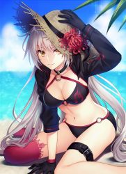 Rule 34 | 1girl, arm support, beach, belt, bikini, black bikini, black gloves, blue sky, breasts, closed mouth, cloud, commentary request, day, fate/grand order, fate (series), flower, flower hat, gloves, hand on headwear, hat, jeanne d&#039;arc alter (swimsuit berserker) (fate), jeanne d&#039;arc (fate), jeanne d&#039;arc alter (fate), jeanne d&#039;arc alter (swimsuit berserker) (fate), leg belt, long hair, long sleeves, looking at viewer, medium breasts, navel, o-ring, o-ring bikini, ocean, red thighhighs, shrug (clothing), silver hair, single thighhigh, sitting, sky, solo, straw hat, swimsuit, thighhighs, yamigo, yellow eyes