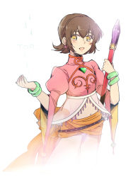 Rule 34 | 1girl, annie barrs, belt, blush, bracelet, breasts, brown hair, earrings, jewelry, midriff, navel, open mouth, pants, see-through, short hair, staff, tales of (series), tales of rebirth, weapon, wide sleeves, yellow eyes